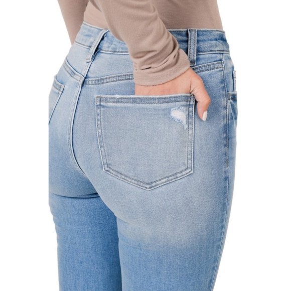 Light Wash Blue Distressed Flare Stretch Denim Jeans NWT - Picture 9 of 13